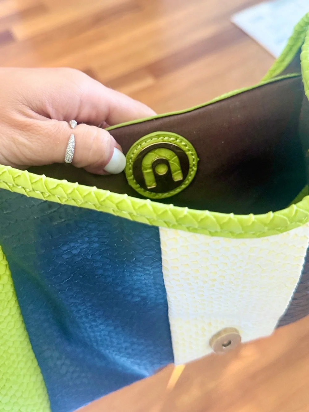 VINTAGE STRIPED SNAKE SKIN PYTHON Green color block contrast Shoulder Bag